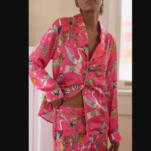 New M Karen Mabon x Anthropologie Carousel animals pink long-sleeve pajama set - Picture 1 of 13